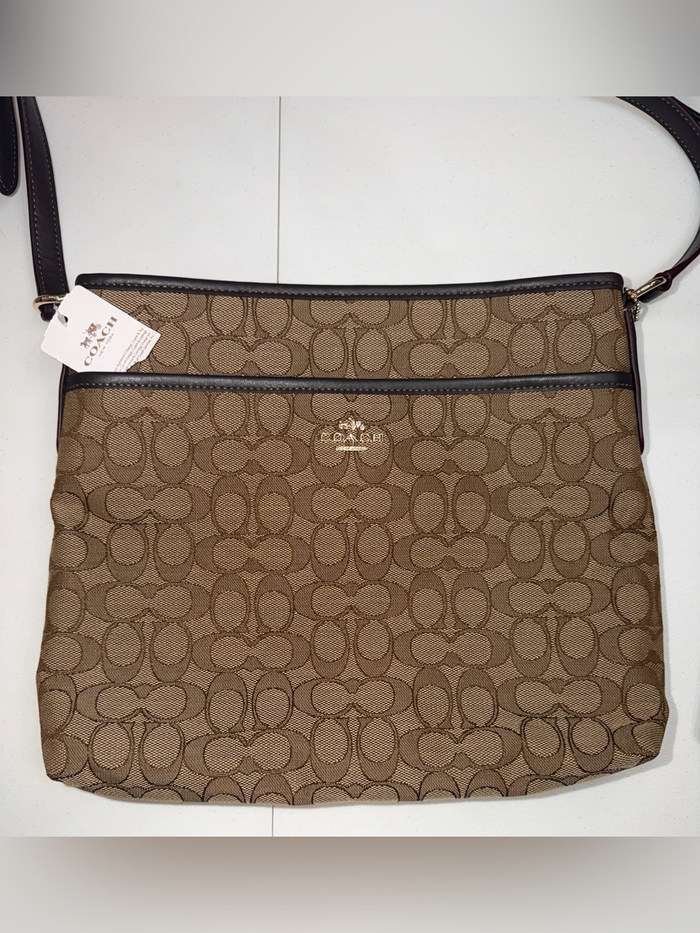 NWT Coach Outline Signature File Bag Crossbody Khaki Brown F58285 Canvas Leather